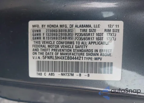 2012 Honda Odyssey Ex z USA, uszkodzony, nr VIN 5FNRL5H4XCB044421